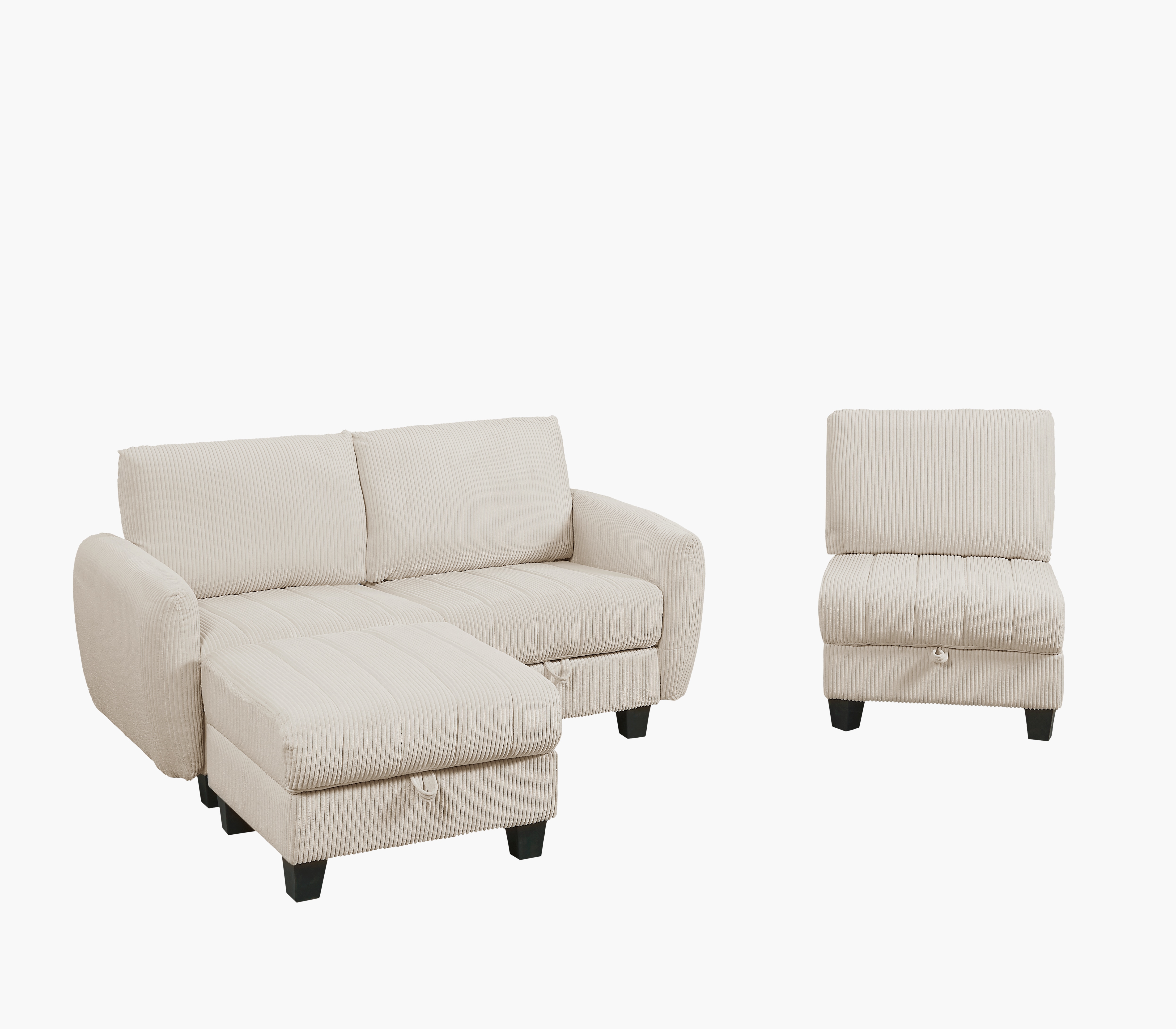 Beige White corduroy fabric sofa with OTTOMAN 